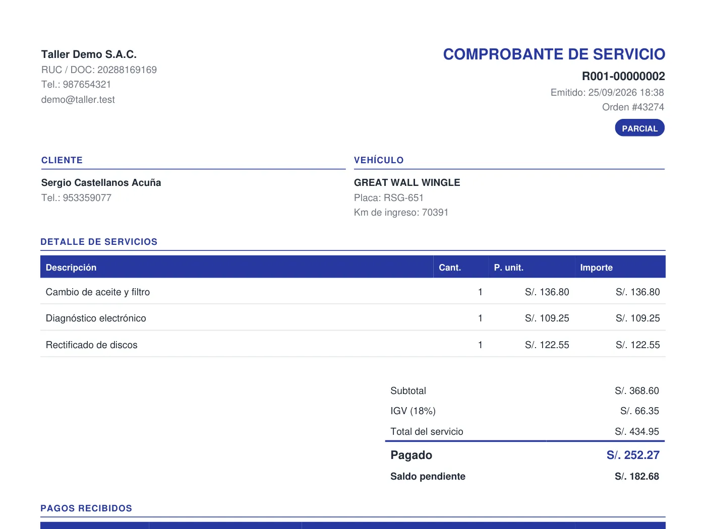 Comprobante interno de Naix en PDF: datos del taller, cliente y vehículo, detalle de los servicios, subtotal, IGV, total, lo pagado y el saldo pendiente.