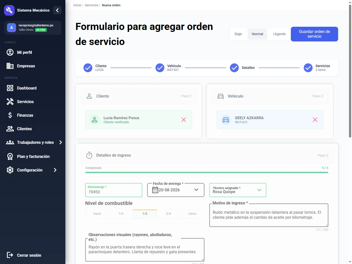 Alta de una orden en Naix: cliente y vehículo verificados, kilometraje de ingreso, técnico asignado y el motivo de ingreso que reportó el cliente.