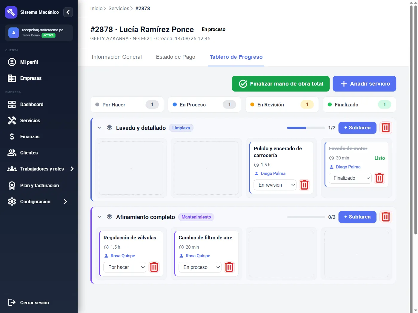 Tablero de progreso de una orden en Naix, con las subtareas repartidas entre las columnas Por hacer, En proceso, En revisión y Finalizado, cada una con su mecánico.